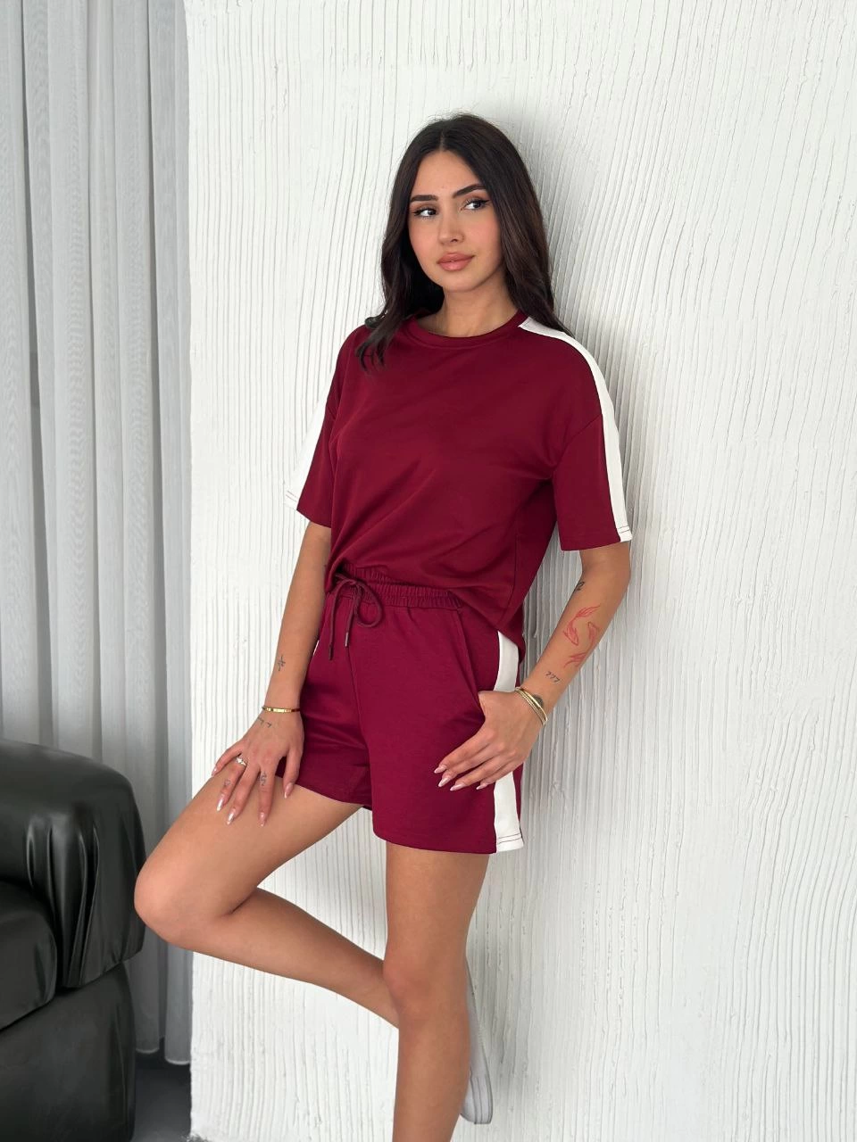 Osy Modal yumuşak dokulu Kumaş   Parçalı Bisiklet Yaka T-shirt Kısa Şort İkili Takım - Bordo -