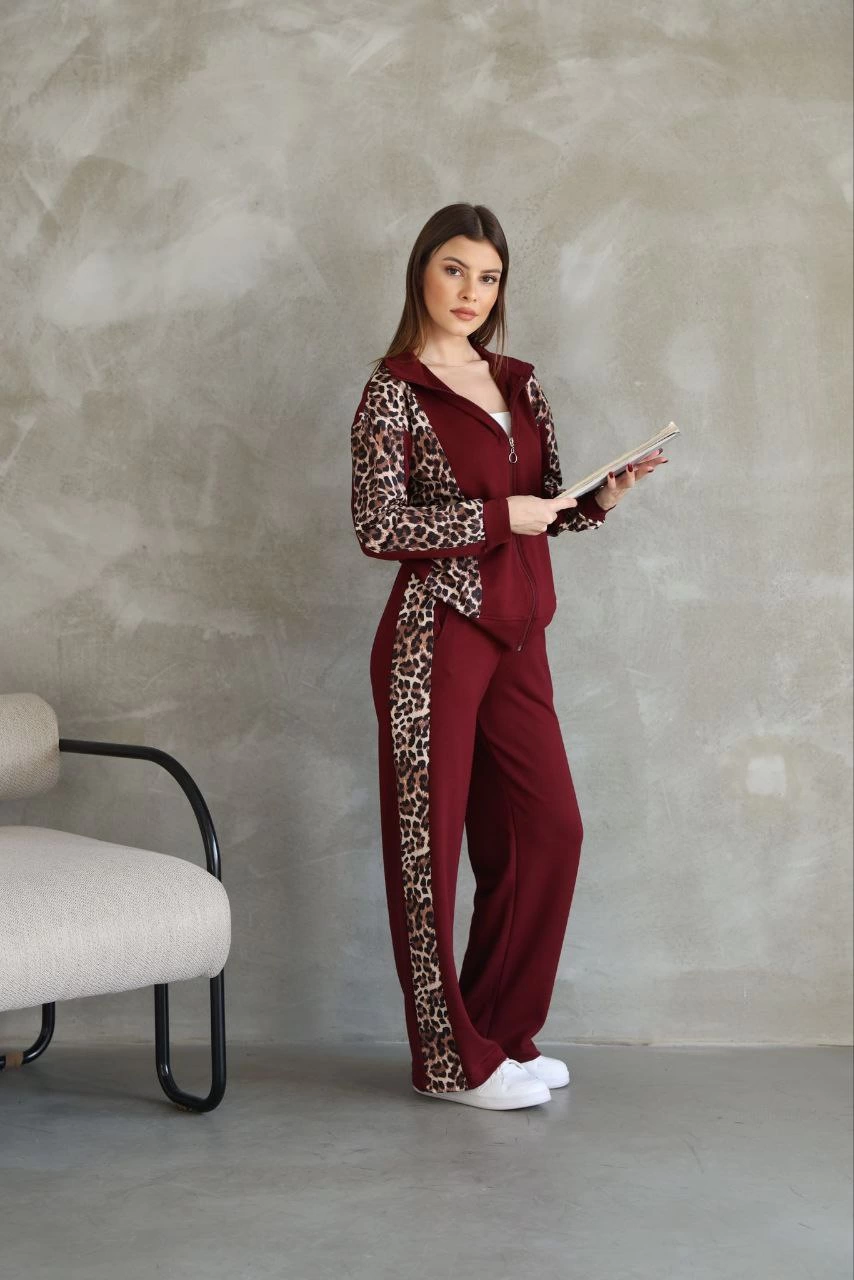 Osy Modal Yumuşak Dokulu Kumaş Kapüşonlu Leopar Desenli Fermuarlı Takım - Bordo -
