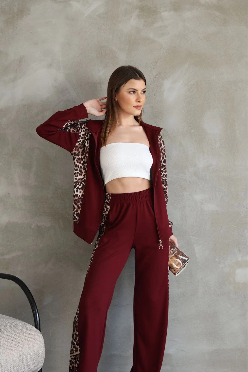 Osy Modal Yumuşak Dokulu Kumaş Kapüşonlu Leopar Desenli Fermuarlı Takım - Bordo -