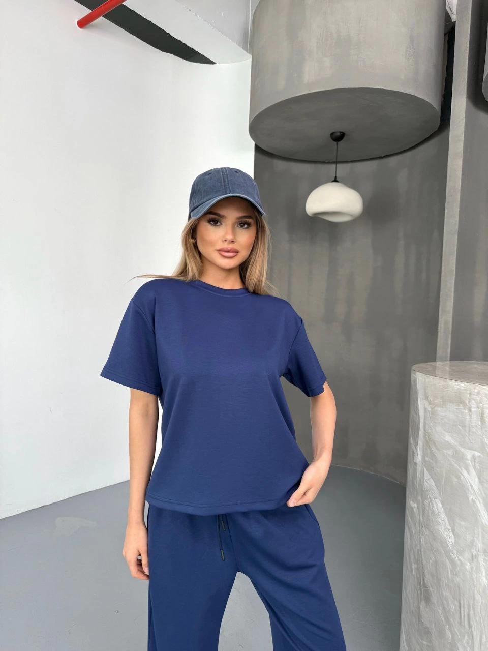 Osy Modal Yumuşak Dokulu Kumaş Kısa Kollu Bluz Rahat Pantalon ikili Takım- Lacivert -
