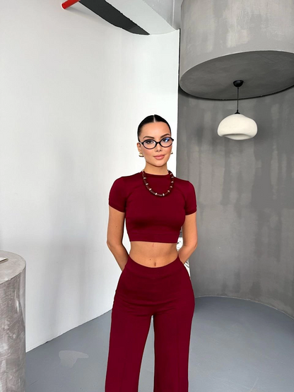 Osy Modal Yumuşak Dokulu Kumaş Kısa Kollu Crop Alt ispanyol Paça Pantalon ikili Takım - Bordo -