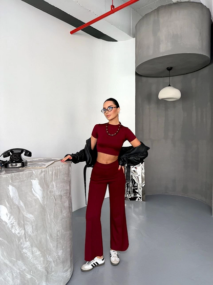 Osy Modal Yumuşak Dokulu Kumaş Kısa Kollu Crop Alt ispanyol Paça Pantalon ikili Takım - Bordo -