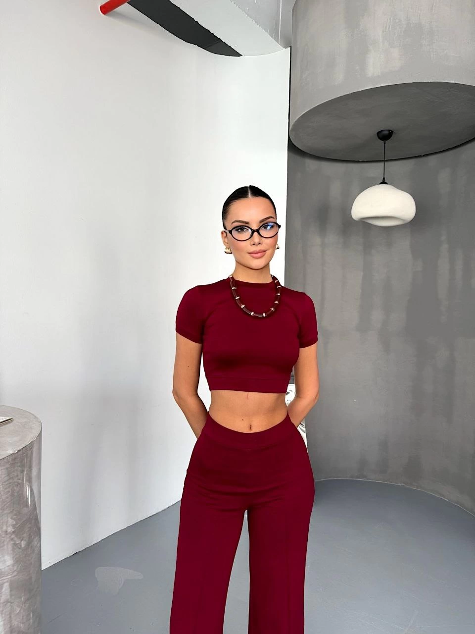 Osy Modal Yumuşak Dokulu Kumaş Kısa Kollu Crop Alt ispanyol Paça Pantalon ikili Takım - Bordo -
