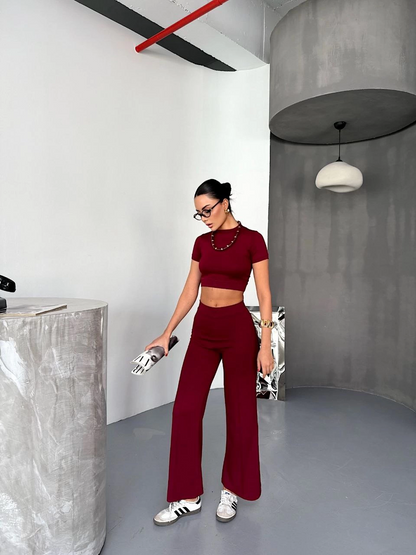Osy Modal Yumuşak Dokulu Kumaş Kısa Kollu Crop Alt ispanyol Paça Pantalon ikili Takım - Bordo -