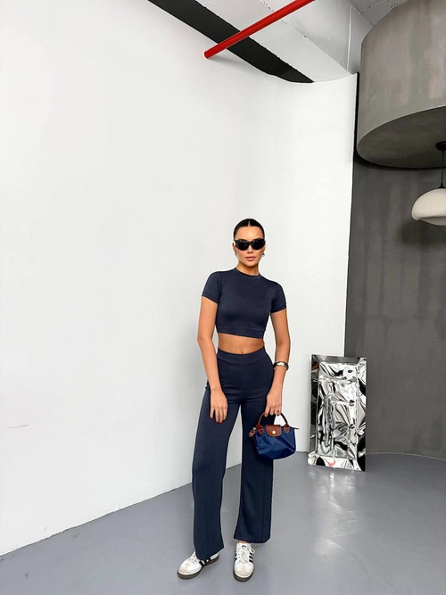 Osy Modal Yumuşak Dokulu Kumaş Kısa Kollu Crop Alt ispanyol Paça Pantalon ikili Takım - Füme -