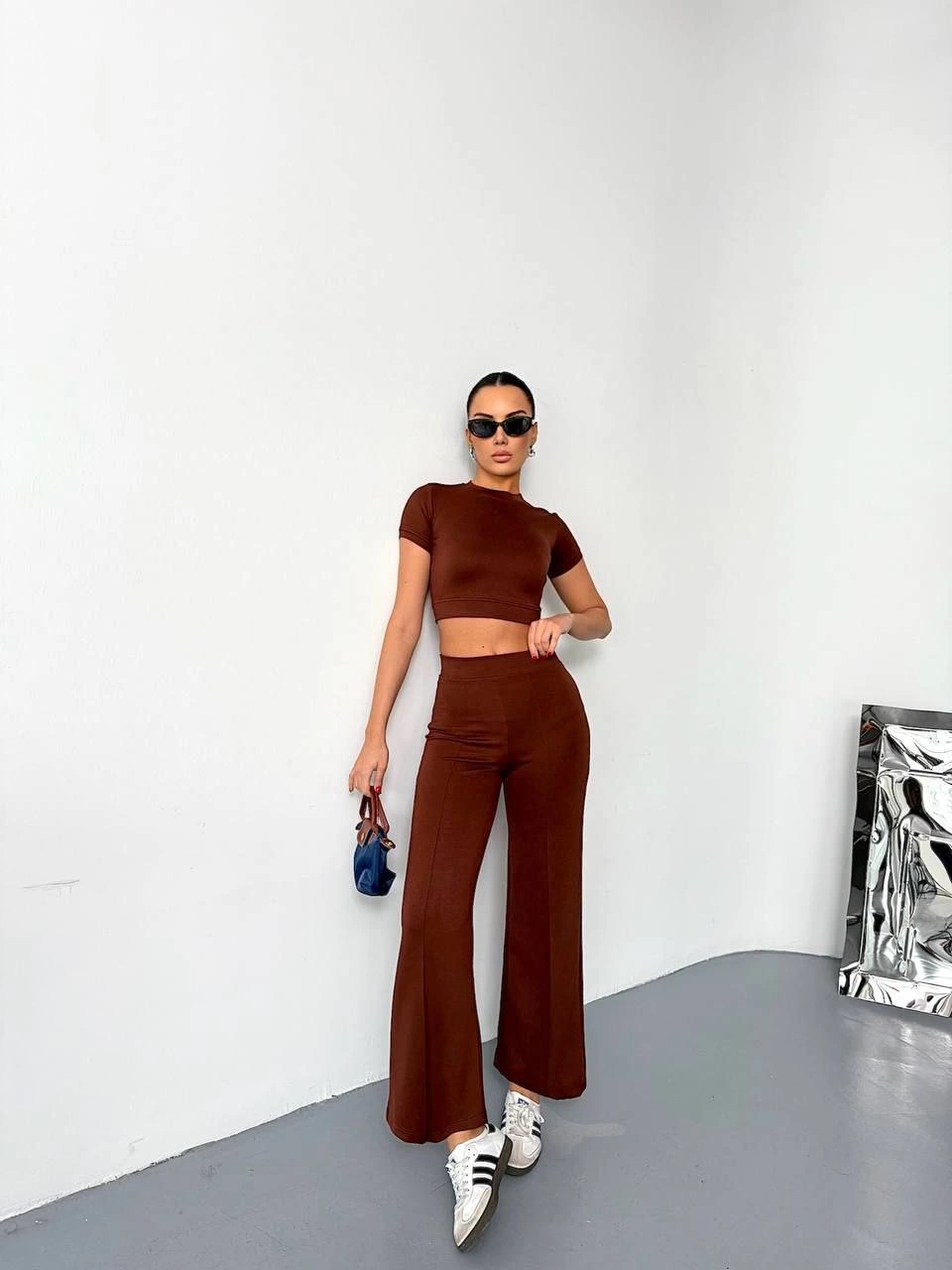 Osy Modal Yumuşak Dokulu Kumaş Kısa Kollu Crop Alt ispanyol Paça Pantalon ikili Takım - Kahverengi -