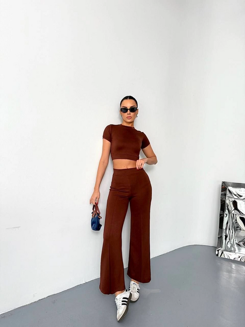 Osy Modal Yumuşak Dokulu Kumaş Kısa Kollu Crop Alt ispanyol Paça Pantalon ikili Takım - Kahverengi -