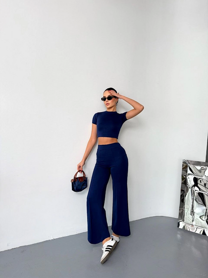 Osy Modal Yumuşak Dokulu Kumaş Kısa Kollu Crop Alt ispanyol Paça Pantalon ikili Takım - Lacivert -