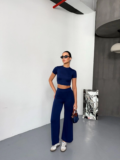 Osy Modal Yumuşak Dokulu Kumaş Kısa Kollu Crop Alt ispanyol Paça Pantalon ikili Takım - Lacivert -