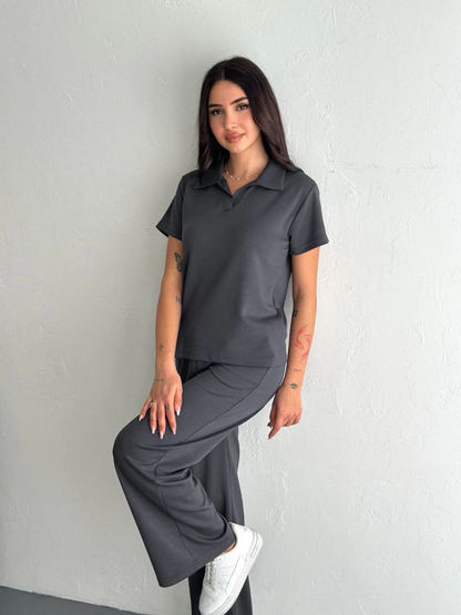 Osy Modal Yumuşak Dokulu Kumaş Kısa Kollu Yakalı T-shirt Pantalon ikili Takım- Antrasit -
