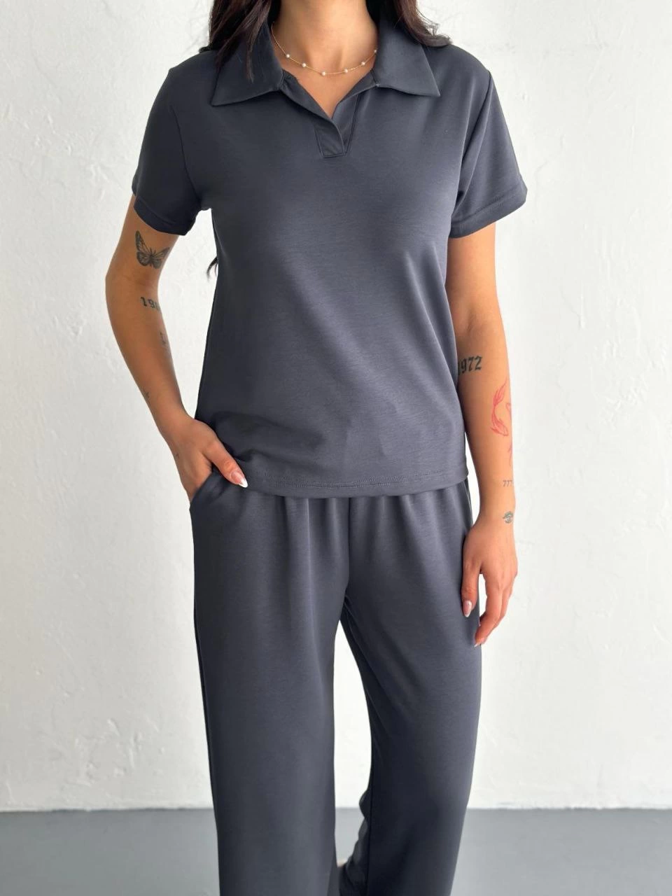 Osy Modal Yumuşak Dokulu Kumaş Kısa Kollu Yakalı T-shirt Pantalon ikili Takım- Antrasit -