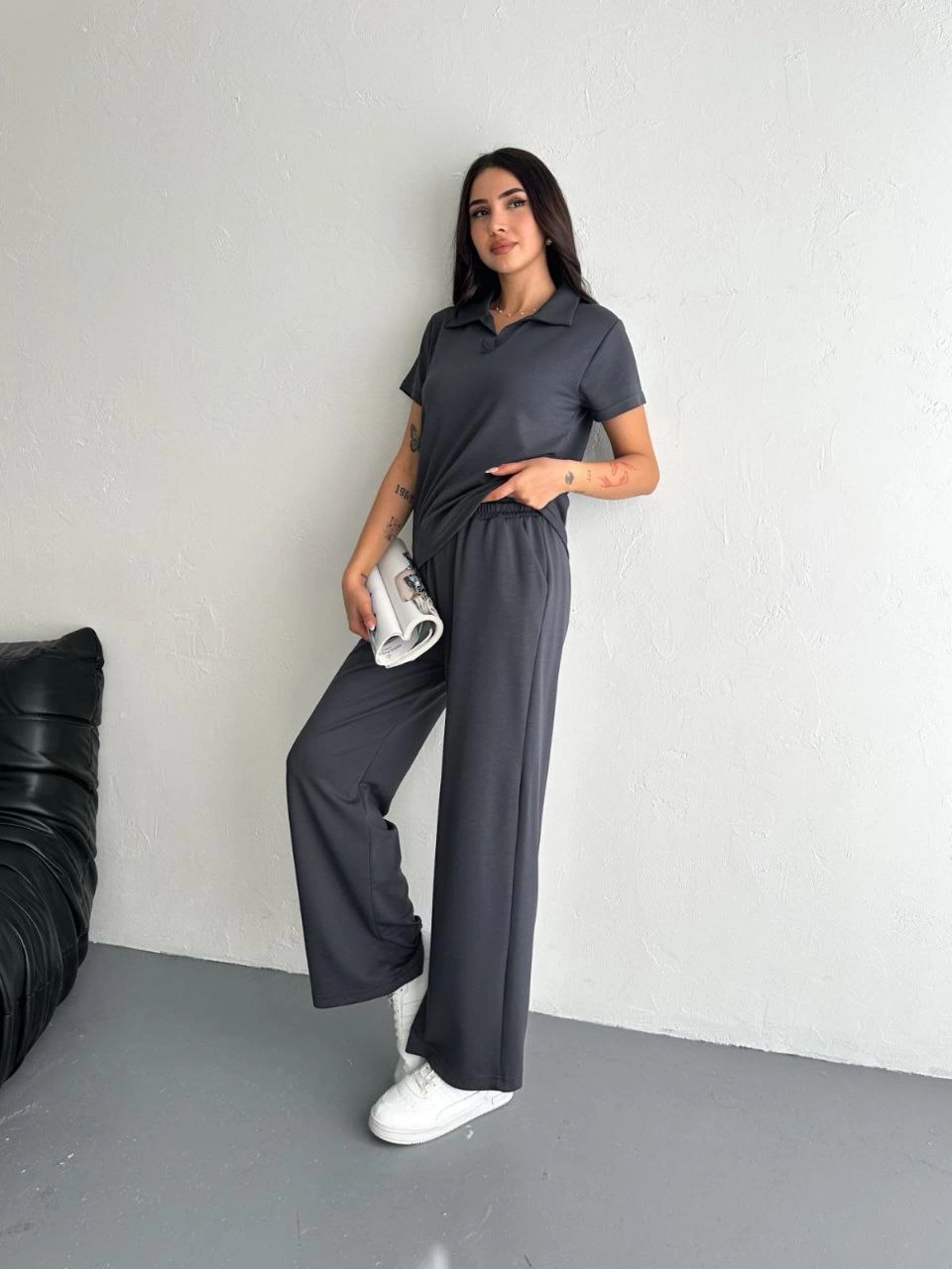 Osy Modal Yumuşak Dokulu Kumaş Kısa Kollu Yakalı T-shirt Pantalon ikili Takım- Antrasit -
