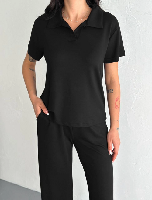 Osy Modal Yumuşak Dokulu Kumaş Kısa Kollu Yakalı T-shirt Pantalon ikili Takım- Siyah -