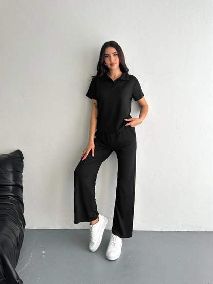 Osy Modal Yumuşak Dokulu Kumaş Kısa Kollu Yakalı T-shirt Pantalon ikili Takım- Siyah -
