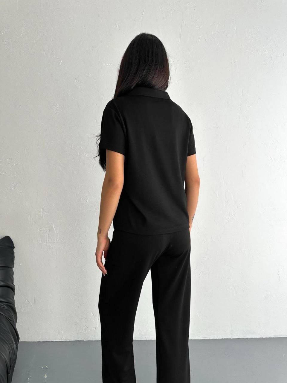 Osy Modal Yumuşak Dokulu Kumaş Kısa Kollu Yakalı T-shirt Pantalon ikili Takım- Siyah -