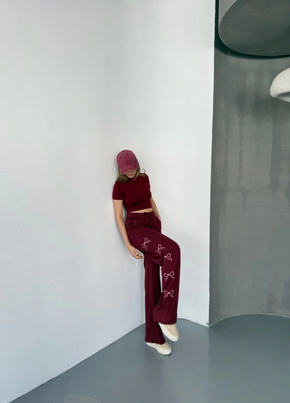 Osy Modal Yumuşak Dokulu Kumaş Nakış işlemeli Rahat Bol Paça Eşofman Pantalon - Bordo -