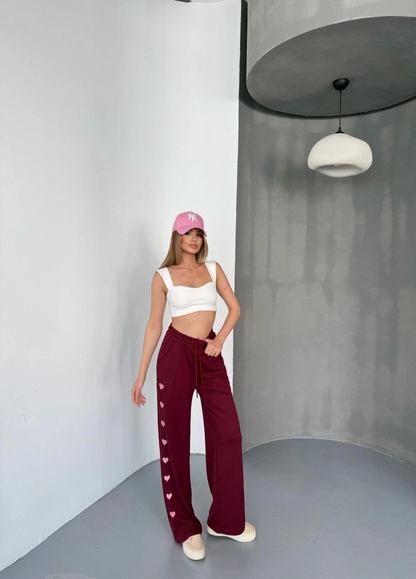 Osy Modal Yumuşak Dokulu Kumaş Nakış işlemeli Rahat Bol Paça Eşofman Pantalon - Bordo -