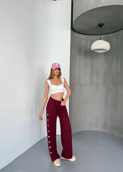 Osy Modal Yumuşak Dokulu Kumaş Nakış işlemeli Rahat Bol Paça Eşofman Pantalon - Bordo -