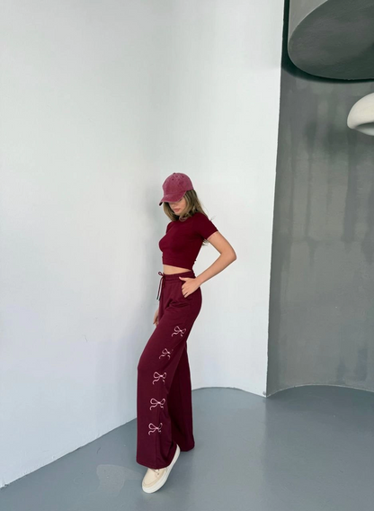 Osy Modal Yumuşak Dokulu Kumaş Nakış işlemeli Rahat Bol Paça Eşofman Pantalon - Bordo -