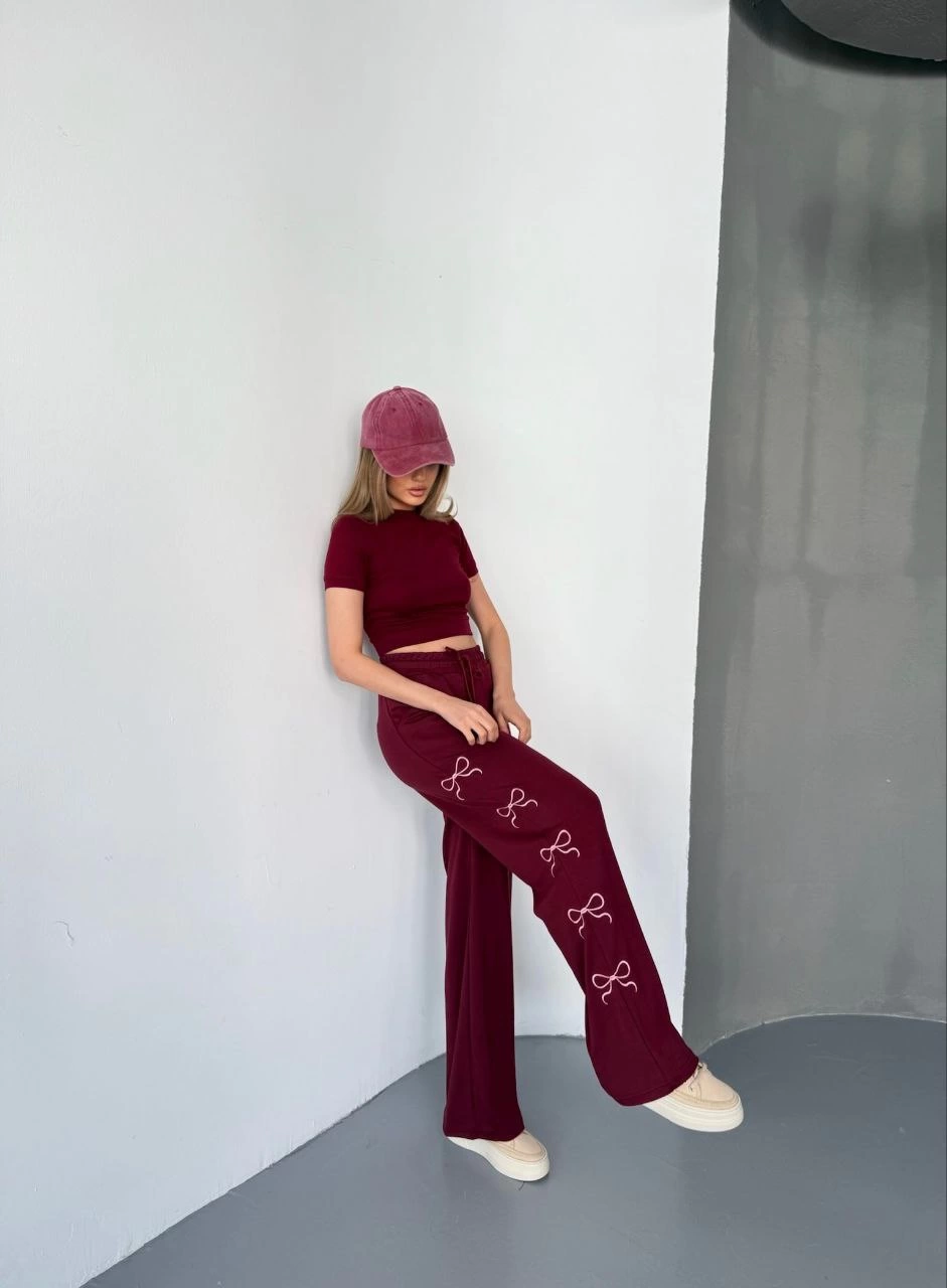 Osy Modal Yumuşak Dokulu Kumaş Nakış işlemeli Rahat Bol Paça Eşofman Pantalon - Bordo -