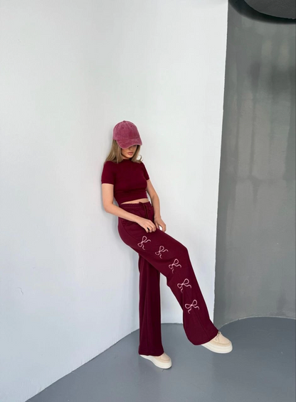 Osy Modal Yumuşak Dokulu Kumaş Nakış işlemeli Rahat Bol Paça Eşofman Pantalon - Bordo -