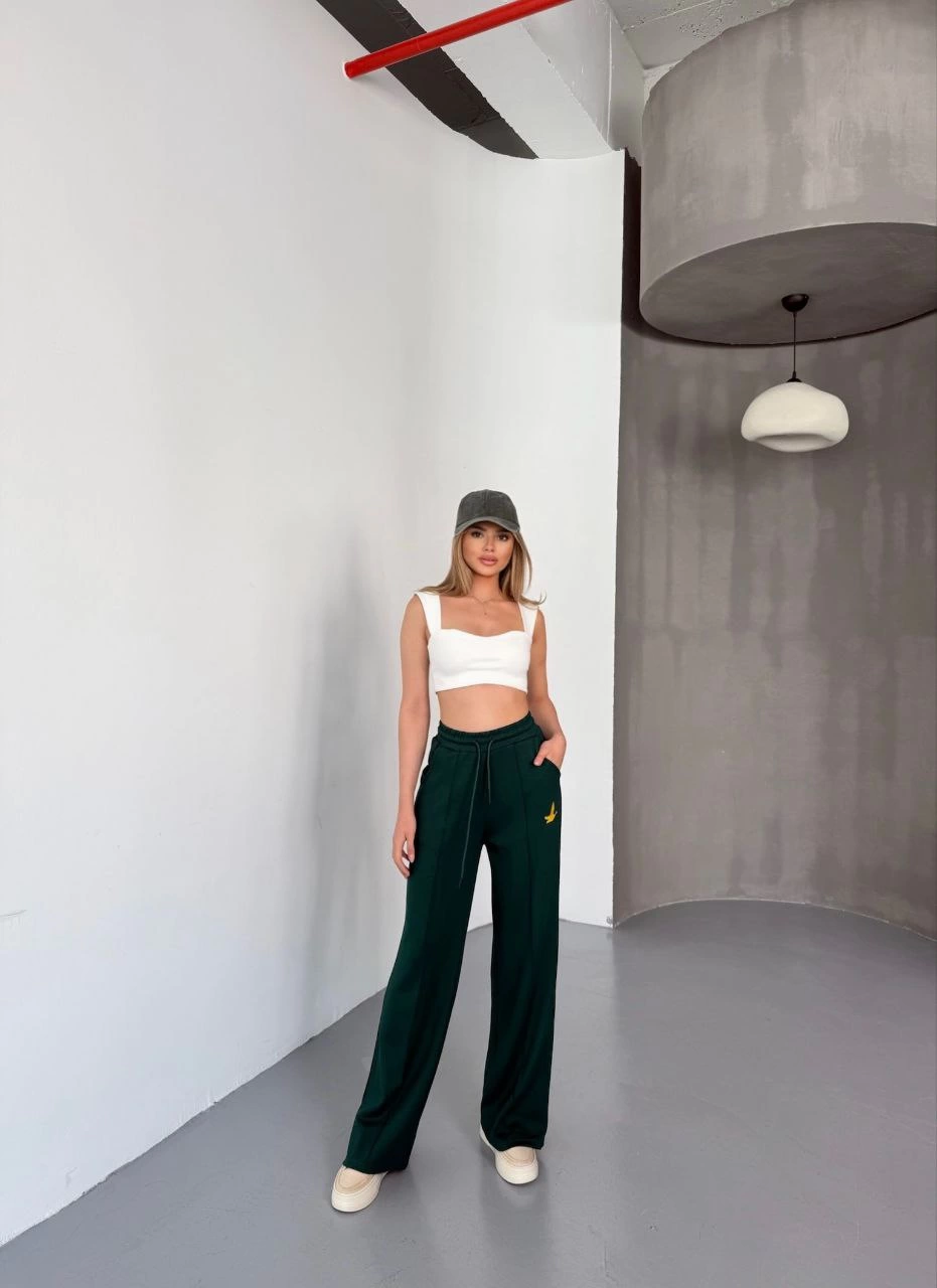 Osy Modal Yumuşak Dokulu Kumaş Nakış işlemeli Rahat Bol Paça Eşofman Pantalon - Yeşil -