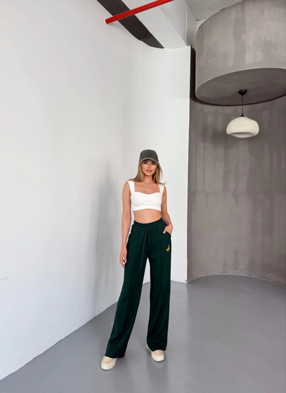 Osy Modal Yumuşak Dokulu Kumaş Nakış işlemeli Rahat Bol Paça Eşofman Pantalon - Yeşil -