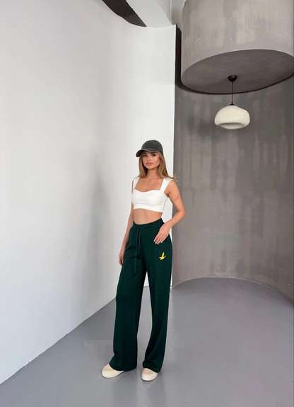 Osy Modal Yumuşak Dokulu Kumaş Nakış işlemeli Rahat Bol Paça Eşofman Pantalon - Yeşil -