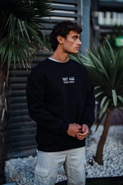 Oversize Bisiklet Yaka Üç İplik Baskılı SweatShirt - Siyah -