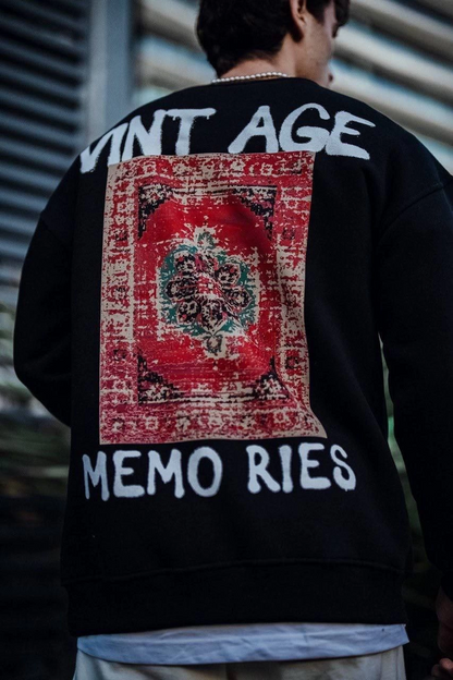Oversize Bisiklet Yaka Üç İplik Baskılı SweatShirt - Siyah -