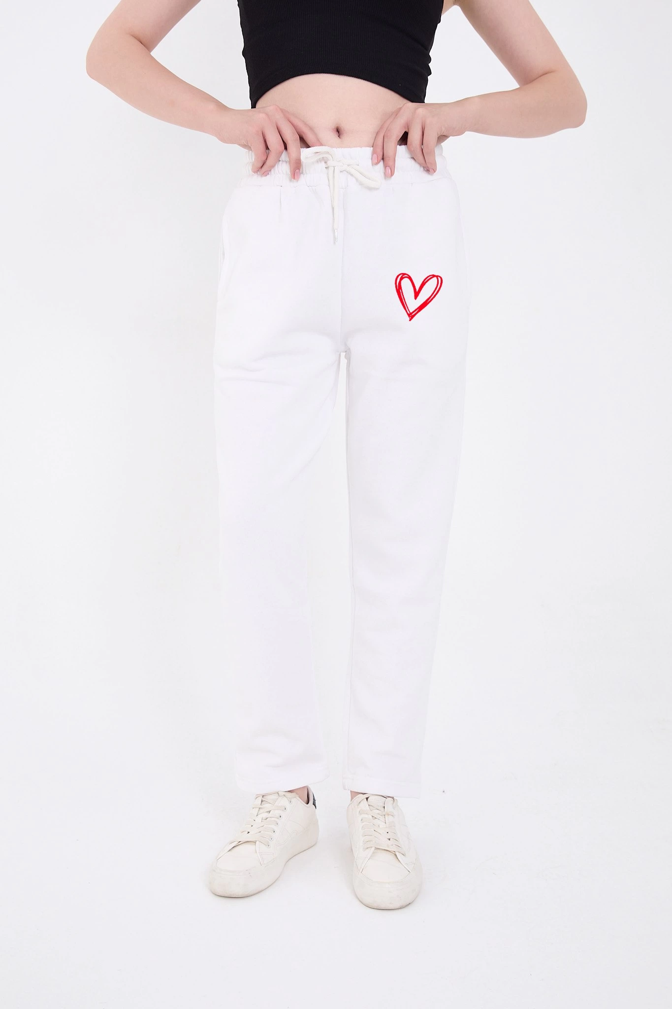 Oversize Boru Paça Baskılı Eşofman Pantolon - Beyaz