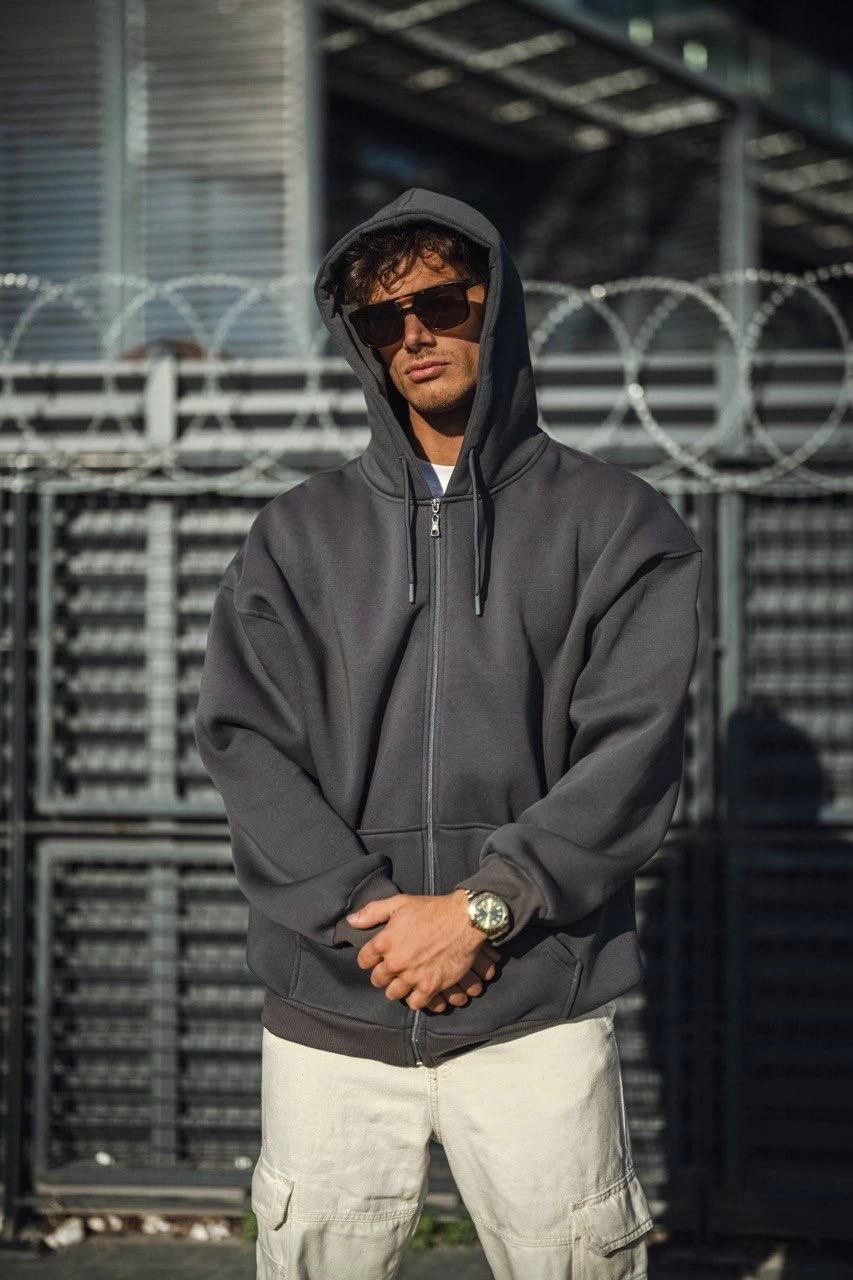 Erkek Tam Fermuarlı Cepli Kapüşonlu 3 iplik pamuklu hoodie Sweatshirt - Füme