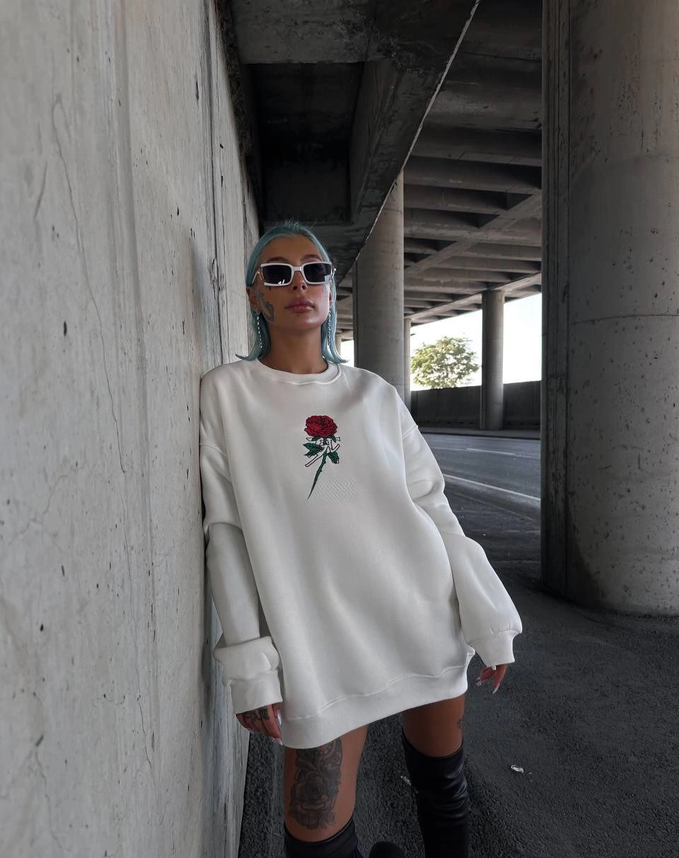 Oversize Üç İplik Bisiklet Yaka Baskılı SweatShirt - Beyaz -