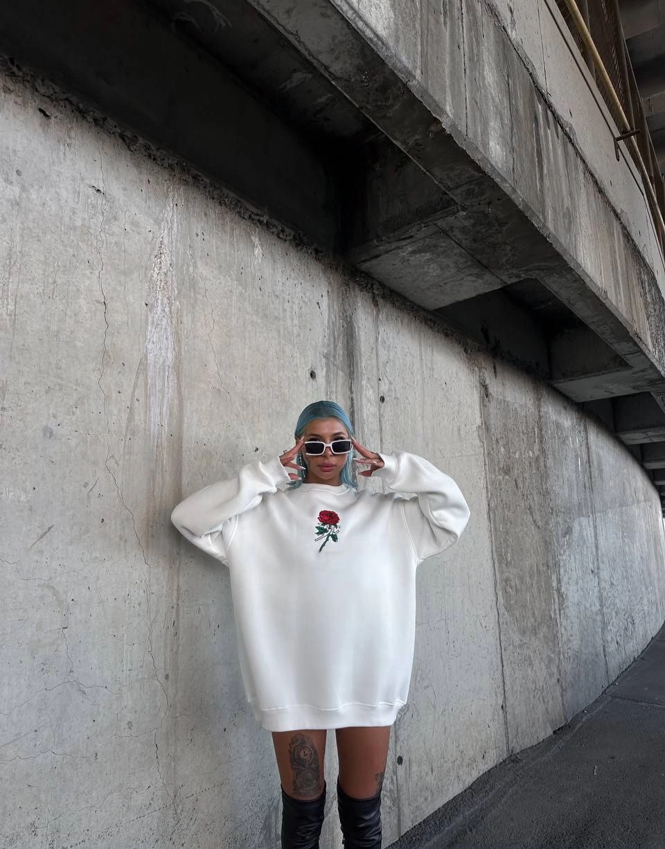 Oversize Üç İplik Bisiklet Yaka Baskılı SweatShirt - Beyaz -