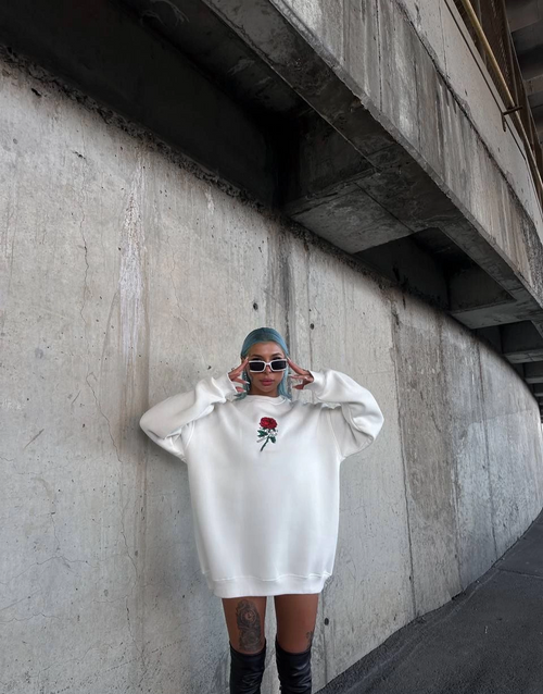 Oversize Üç İplik Bisiklet Yaka Baskılı SweatShirt - Beyaz -