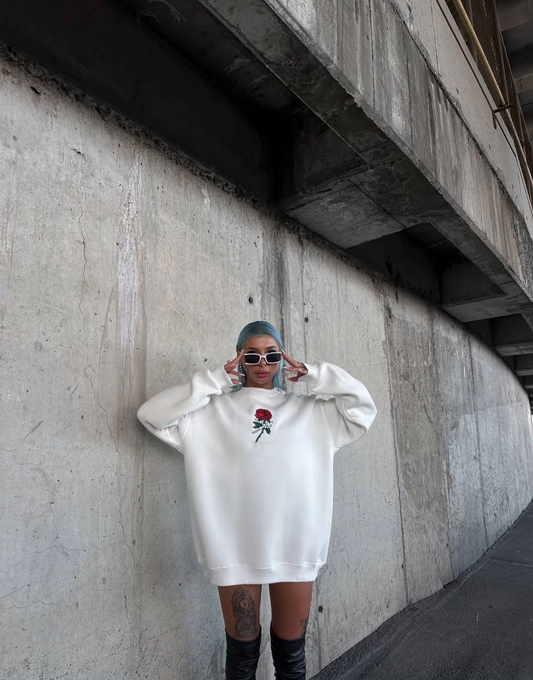 Oversize Üç İplik Bisiklet Yaka Baskılı SweatShirt - Beyaz -