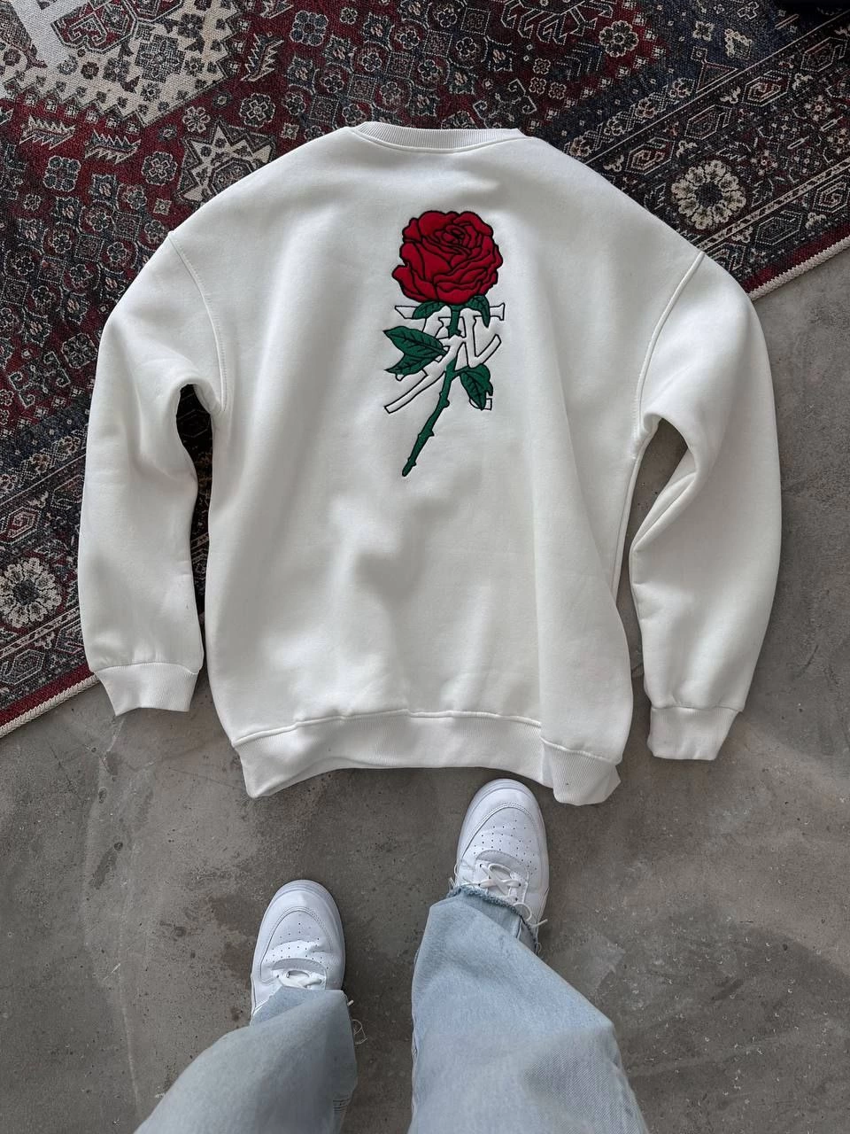 Oversize Üç İplik Bisiklet Yaka Baskılı SweatShirt - Beyaz -