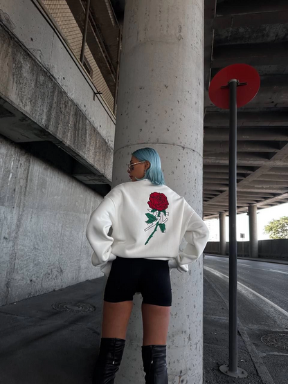 Oversize Üç İplik Bisiklet Yaka Baskılı SweatShirt - Beyaz -
