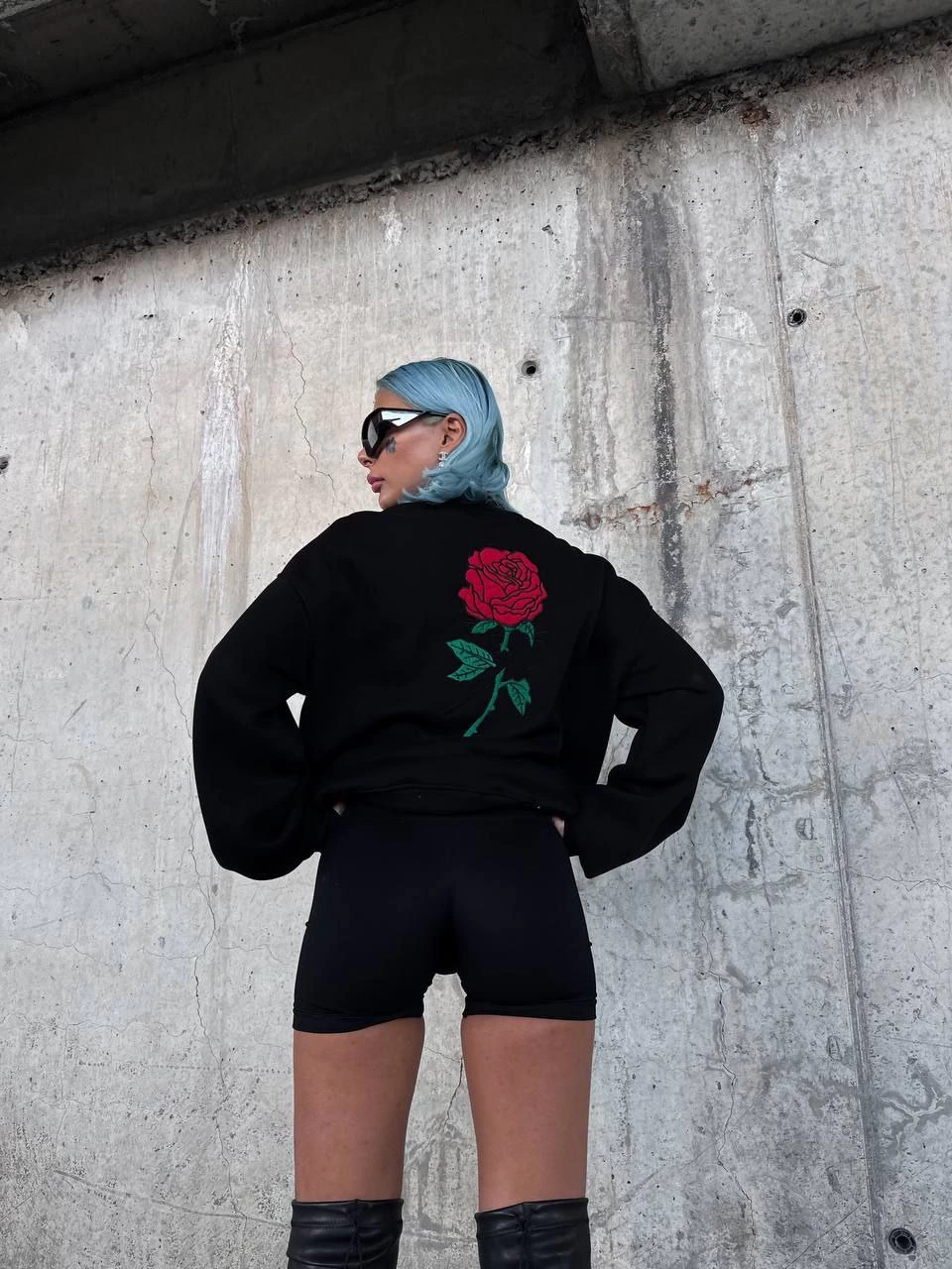 Oversize Üç İplik Bisiklet Yaka Baskılı SweatShirt - Siyah -