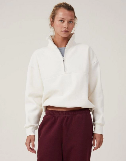Oversize Yarım Farmuarlı Yakalı Basic SweatShirt - Beyaz -