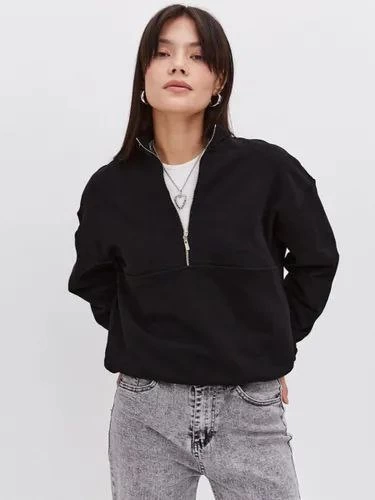 Oversize Yarım Farmuarlı Yakalı Basic SweatShirt - Siyah -