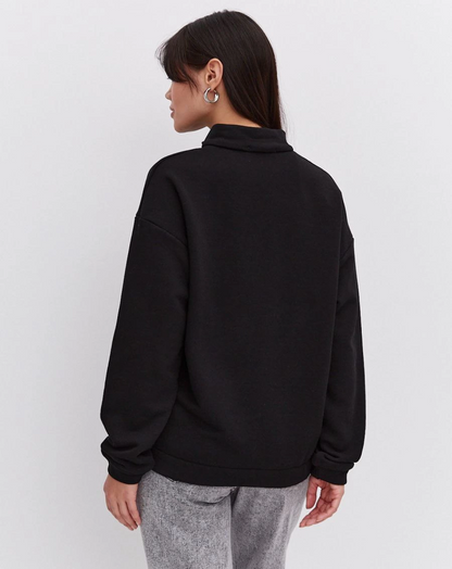 Oversize Yarım Farmuarlı Yakalı Basic SweatShirt - Siyah -
