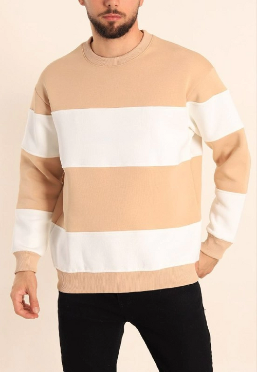 Parçalı Bisiklet Yaka Baskılı SweatShirt - Bej -