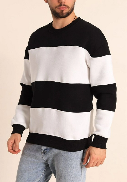 Parçalı Bisiklet Yaka Baskılı SweatShirt - Siyah -