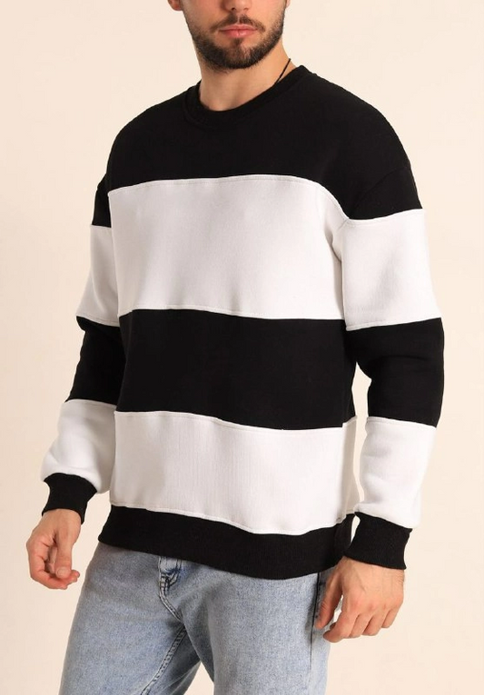 Parçalı Bisiklet Yaka Baskılı SweatShirt - Siyah -