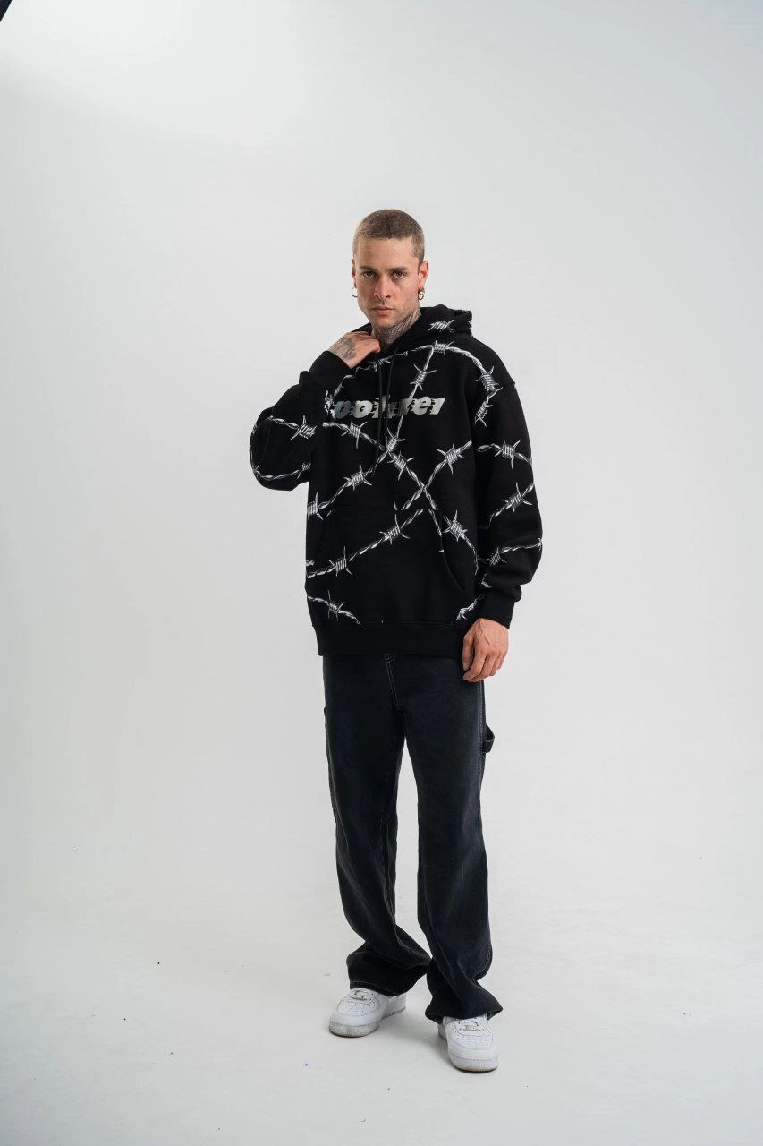 Kapşonlu Varak ve Pano Baskılı SweatShirt- Siyah -