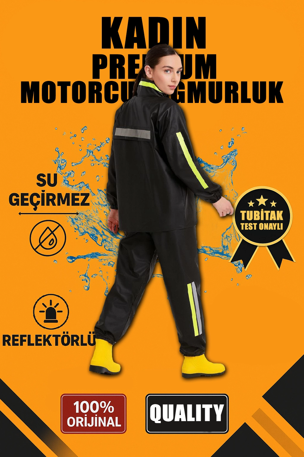 Premium   Motorcu Kurye Yağmurluk Takım Su Geçirmez PVC Kumaş Reflektörlü TÜBİTAK Onaylı - Siyah