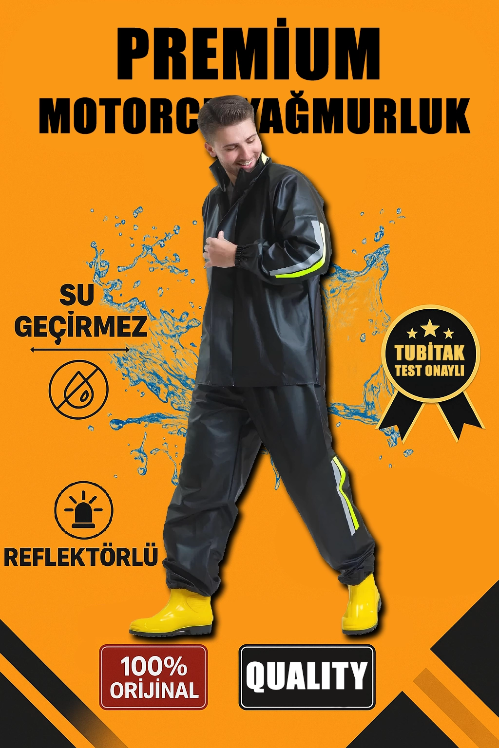 Premium Motorcu Kurye Yağmurluk Takım Su Geçirmez PVC Kumaş Reflektörlü TÜBİTAK Onaylı - Siyah -