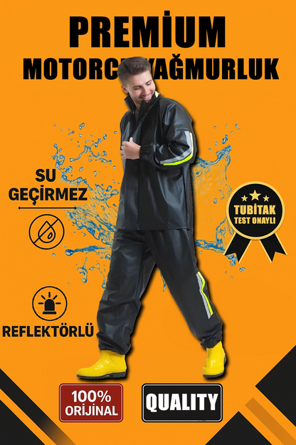 Premium Motorcu Kurye Yağmurluk Takım Su Geçirmez PVC Kumaş Reflektörlü TÜBİTAK Onaylı - Siyah -