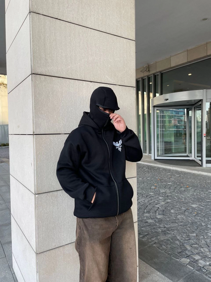 Samuray kapüşonlu ZIP Fermuarlı kapüşonlu SweatShirt - Siyah